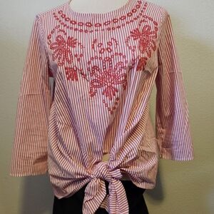 Grand & Greene Striped Red Embroidered Women's Top